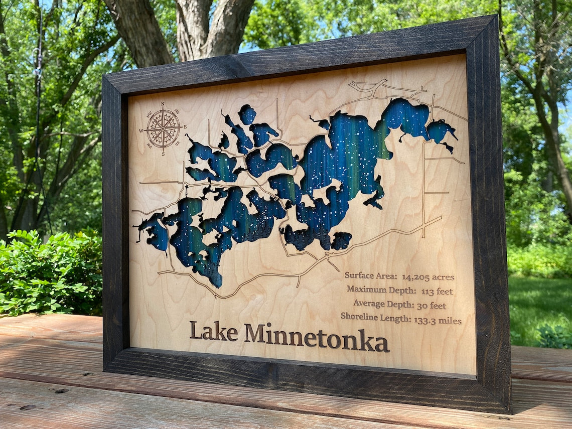 Any Lake Personalized Wood Art, custom lake with laser engraved surrounding street map, Starry Night Painting, 3D Custom Lake Map, Gift Idea $79.95+