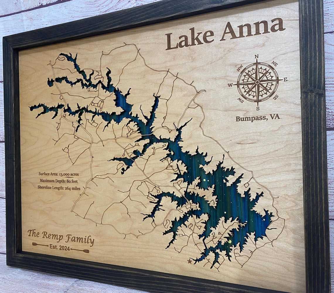 Any Lake Personalized Wood Art, custom lake with laser engraved surrounding street map, Starry Night Painting, 3D Custom Lake Map, Gift Idea $79.95+