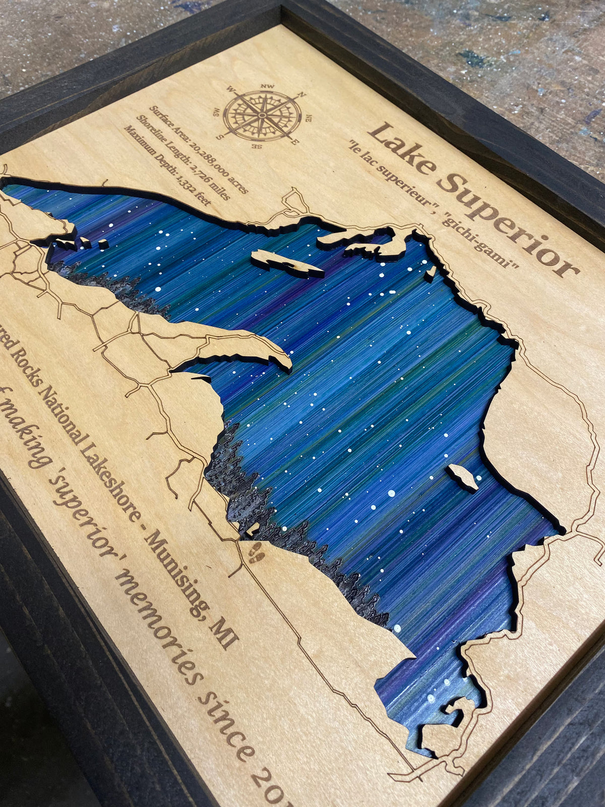Any Lake Personalized Wood Art, custom lake with laser engraved surrounding street map, Starry Night Painting, 3D Custom Lake Map, Gift Idea $79.95+
